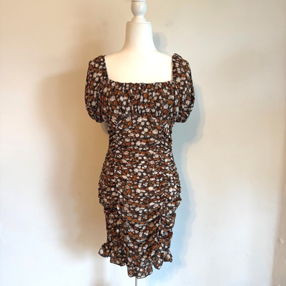 Floral Ruched Mini Dress S Puff Sleeve Square Neck Cottagecore Romantic Fall